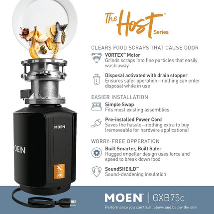 Moen GXB75C Host Series Control Activation 3/4 HP Garbage Disposal with Sound Reduction, Power Cord Included