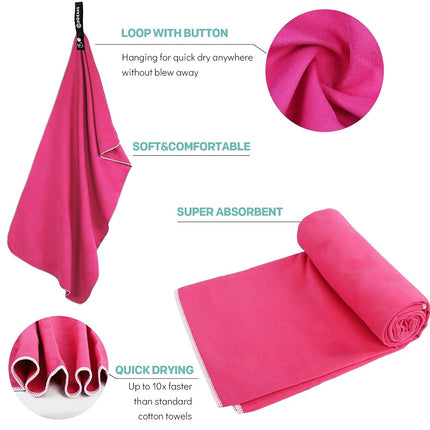 Microfiber Sport Travel Towel Set-(XL -60"x30"+24" x12)-Quick Dry, Absorbent, Ultra Compact Towels-Fit for Beach Yoga Golf Gym Camping Backpacking Hiking+Hand Towel&Carry Pouch(XL HPink)