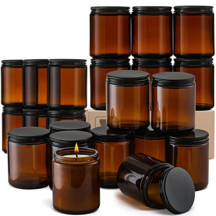 24 Pack 8oz Amber Glass Jars with Black Lids - For