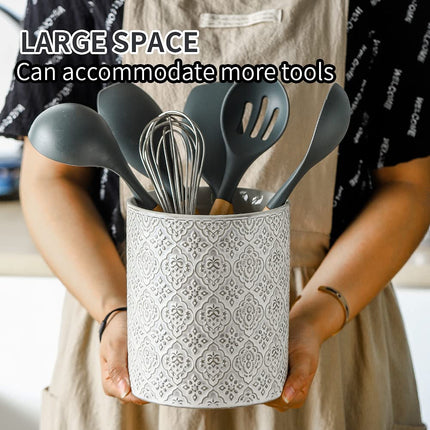 KOOV Kitchen Utensil Holder, Large Utensil Holders for Countertop, 6 x 7 Inches Ceramic Utensil Crock, Deep and Stable, Cooking Utensil Holder, Embossed Pattern, White