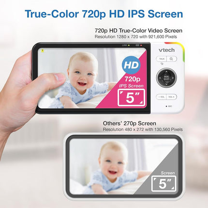 VTech VM928-2HD 5” 720p HD Display 2 Cameras Baby Monitor,110 Wide Angle View,Remote Pan-Tilt-Zoom,Night Vision,Up to 1000ft Range,Temperature Sensor,9 Soothing Sounds & Lullabies,2-Way Talk,No WiFi
