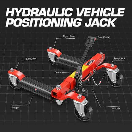 DNA MOTORING 2pcs Car Wheel Dolly Jack Set Hydraulic 1500 lbs Car Skates, 9'' Wheel Vehicle Positioning Jack, Heavy Duty Rollers with Ratcheting Foot Pedal for Tire Auto Repair Moving, TOOLS-00758