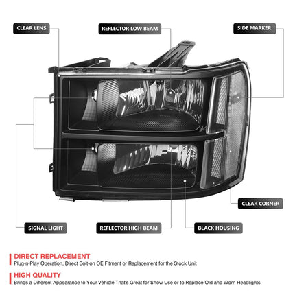 DNA MOTORING Pair Headlight Assembly Compatible With 07-13 GMC Sierra 1500/07-14 Sierra 2500 HD 3500 HD, Black/Clear, HL-OH-GMCSIE07-BK-CL1
