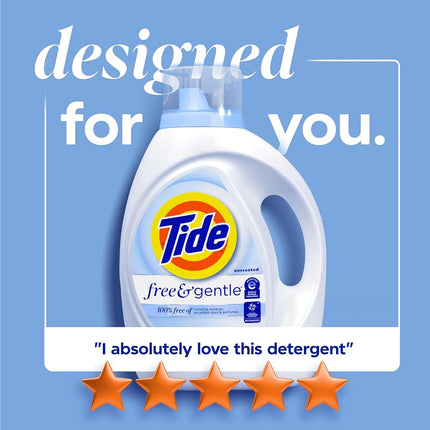 Tide Free & Gentle Liquid Laundry Detergent, 80 Loads, 105 fl oz, Unscented, Dyes and Perfume Free