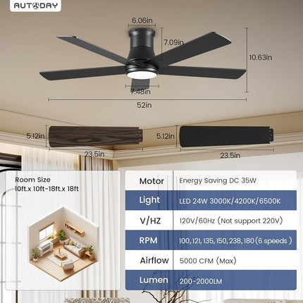 Autoday 52 Inch Ceiling Fans with Lights and Remote - Black Flush Mount Ceiling Fan with Light Low Profile, 6 Speeds, Quiet DC, 3CCT Dimmable, Indoor Outdoor Ceiling Fans for Patios Bedroom