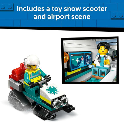 LEGO® City Emergency Air Ambulance Plane, Snow Scooter and Toy Airplane 60465 Building Set with Paramedic, Pilot, Doctor and Skier Minifigures, Fun Holiday or Birthday Toy Idea for Kids Aged 6 and up