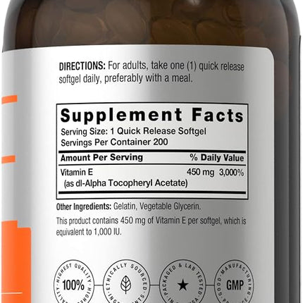 Vitamin E Capsules 1000 IU | 200 Softgels | Non-GMO, Gluten Free, Preservative Free | by Horbaach