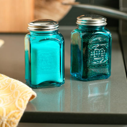RSVP International Jumbo Retro Glass Salt & Pepper, Screw On Stainless Steel Lid, Each Shaker Holds 8 Ounces, 2.25x2.25x4.8, Turquoise