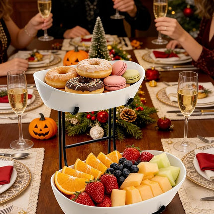 Yedio 2 Tier Ceramic Fruit Bowl for Kitchen Counter with Black Metal Stand