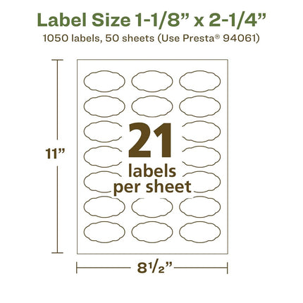 Avery EcoFriendly Matte White Recycled Oval Scalloped Labels, 1-1/8" x 2-1/4", Print-to-The-Edge, Matte White Labels, Permanent Adhesive, Laser/Inkjet Printable, 1,050 Total