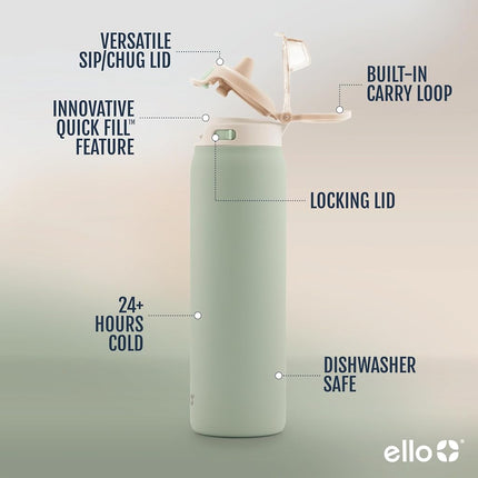 Ello Pop & Fill Stainless Steel Water Bottle 650 ml with Quick Fill Technology, Double-Walled Vacuum Insulation, Leak-Proof Locking Lid, Reusable, BPA-Free,