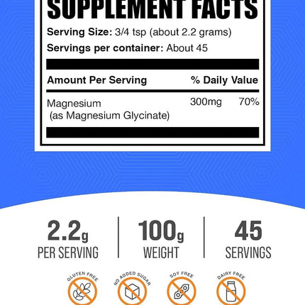 BulkSupplements.com Magnesium Glycinate Powder - Magnesium Bisglycinate, Magnesium Supplement - Gluten Free, 2200mg per Serving, 100g (3.5 oz) (Pack of 1)