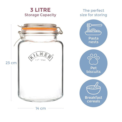 Kilner Square Clip Top Jar 3L (3000ml) Airtight Glass Jar for Preserving Whole Fruits Vegetables and Storing Cereals Pasta Nests Pet Biscuits