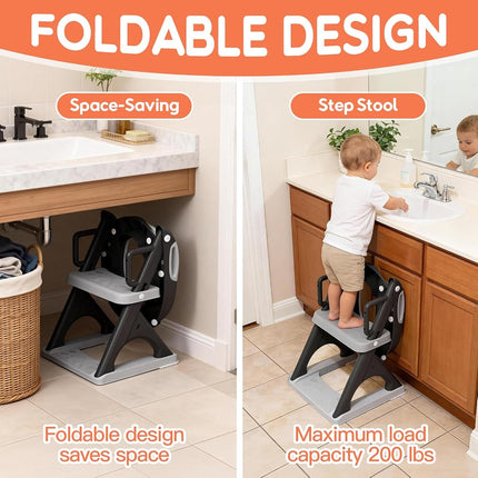 Toddler Toilet Seat and Step Upgrade More Stable Safer 2 in 1 Kids Toilet Seat with Ladder Foldable Baby Potty Training Anti-Slip Pad Step Stool, Splash Guard, Adjustable for Kids to Independently