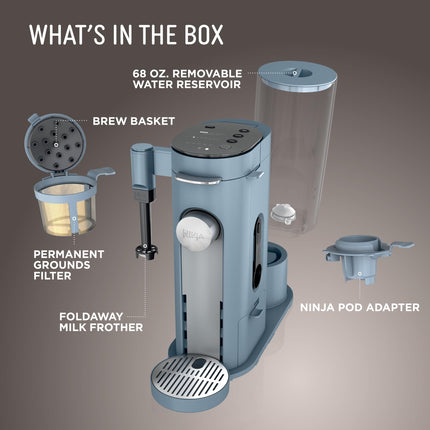 Ninja Pod & Grounds Specialty XL Single-Serve Coffee Maker, K-Cup Pod Compatible, Brews Grounds, Compact Design, Built-In Milk Frother, 68-oz. Reservoir, 6oz. Cup-24oz. Mug Sizes, Denim Blue, PB055ABL