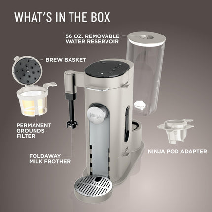 Ninja Pod & Grounds Specialty Single-Serve Coffee Maker, K-Cup Pod Compatible, Brews Grounds, Compact Design, Built-In Milk Frother, 56-oz. Reservoir, 6-oz. Cup to 24-oz. Mug Sizes, Stone, PB051ST