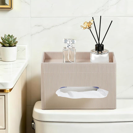 Cretkhp Rectangular Tissue Box Cover with Storage Tray, PU Leather Tissue Box Holder for Bathroom Vanity Countertop Night Stands Bedroom Office Desk, Stylish Tissue Holder Decorative Organizer (Beige)