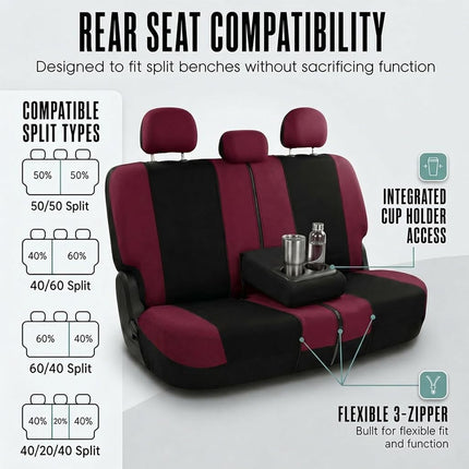 FH Group FB030BURGUNDY-COMBO Seat Cover Combo Set with Steering Wheel Cover and Seat Belt Pad (Airbag Compatible and Split Bench Burgundy)
