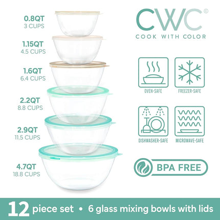 COOK WITH COLOR 12 Pc Glass Mixing Bowl Set with Lids – Borosilicate Glass Nesting Bowls for Cooking, Baking and Meal Prep, Mint