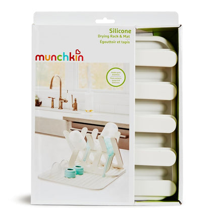 Munchkin Silicone Bottle Drying Rack and Mat, Holds 8 Bottles, Pump Parts, Pacifiers, & Accessories, Space Saving Folding Design, Home and Travel Use, Silicone, White