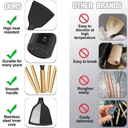 Umite Chef Kitchen Utensils Set- 34PCS Silicone Cooking Utensils with Holder, Heat Resistant Kitchen Utensil Spatula Set for Nonstick Cookware, Black Wooden Handles Kitchen Gadgets Tools Set