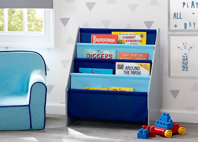 Delta Children Sling Book Rack Bookshelf for Kids, Grey/Blue