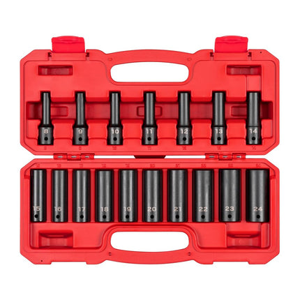 TEKTON 1/2 Inch Drive Deep 12-Point Impact Socket Set, 17-Piece (8-24 mm) | SID92339