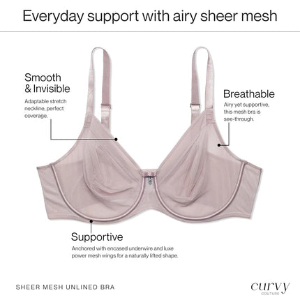 Sheer Mesh Full Coverage Unlined Underwire Bra, Bark, 38DD