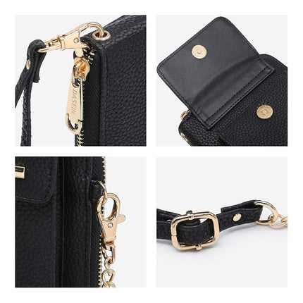 Dasein Bolso cruzado de piel vegana para mujer, cartera para teléfono móvil, bolso de hombro, tarjetero, estuche tipo cartera con múltiples bolsillos, 01negro, talla única