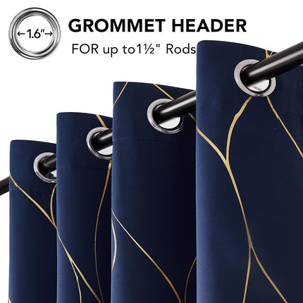Deconovo Gold Wave Foil Print Blackout Curtains, 52W x 84L Inch, Navy Blue, 1 Pair, Grommet Light Blocking Room Darkening Curtain, Noise Reducing Window Drapes for Living Room Bedroom