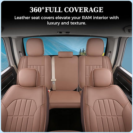 Truckiipa Seat Covers for Dodge Ram 1500 Full Set, Full Coverage Waterproof Leather Protectors Pickup Truck Accessories, Custom Fit for 2002-2023 Ram 1500 2500 3500 Crew Mega Cab, Brown
