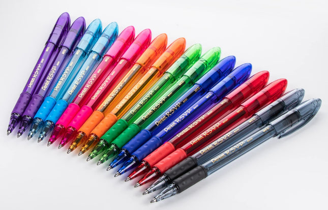 Stylo Pentel R.S.V.P. à pointe moyenne, 1,0 mm – Paquet de 16 stylos R.S.V.P. aux couleurs d'encre assorties avec prise en caoutchouc sans latex pour une écriture confortable