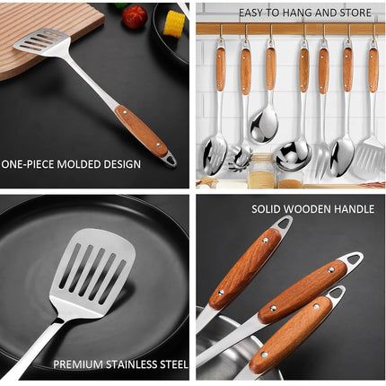 304 Stainless Steel Cooking Utensils Set,9PCS Metal Kitchen Utensils Set with Wooden Handle,Solid Spoon,Spatula,Ladle,Skimmer Spoon,Spaghetti Spoon,Dishwasher Safe
