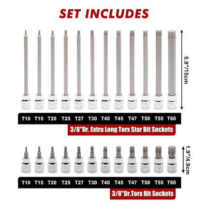 CASOMAN 3/8"Drive Extra Long and Standard Torx Bit Socket Set, 24 Piece Torx Star Bit Set, T10 to T60, Length: 150mm, CR-V & S2 Steel