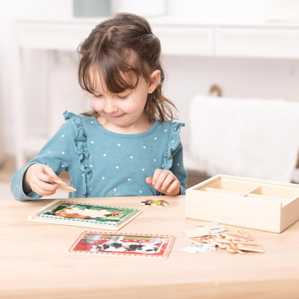 Melissa & Doug Farm Jigsaw Puzzles in a Box (Four Wooden Puzzles, Beautiful Artwork, Sturdy Wooden Storage Box, 48 Pieces, 20.32 cm H x 15.24 cm W x 6.35 cm L)