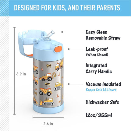 Botella de agua THERMOS FUNTAINER con pajita - 355 ml - Botella de agua infantil de acero inoxidable con aislamiento al vacío con tapa, Diseño de Construcción