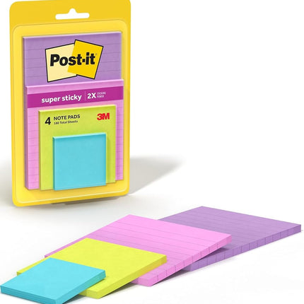 Post-it Super Sticky Notes, 2X Sticking Power, Assorted Sizes, Miami Collection, 4 Pads per Pack, 45 Sheets per Pad (4622-SSMIA)