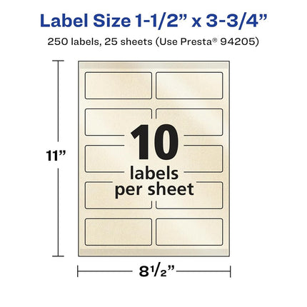 Etiquetas rectangulares nacaradas color marfil Avery con tecnología Sure Feed, impresión hasta el borde, 1.5" x 3.75", 250 etiquetas nacaradas color marfil, etiquetas imprimibles con láser/inyección de tinta