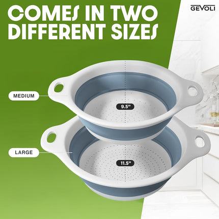 Collapsible Colanders (2 Pack Set) Food Strainers with Over-Sink Water Draining Base for Pasta Fruits and Vegetables (4 and 5 Quart) - White Blue