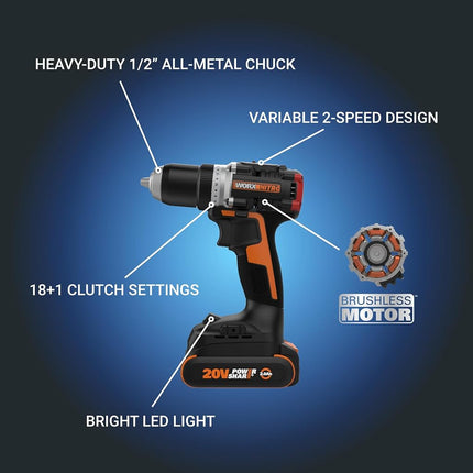 Worx WX130L 20V Nitro Compact Brushless 1/2” Drill/Driver with Power Share - (Batteries & Charger Included)