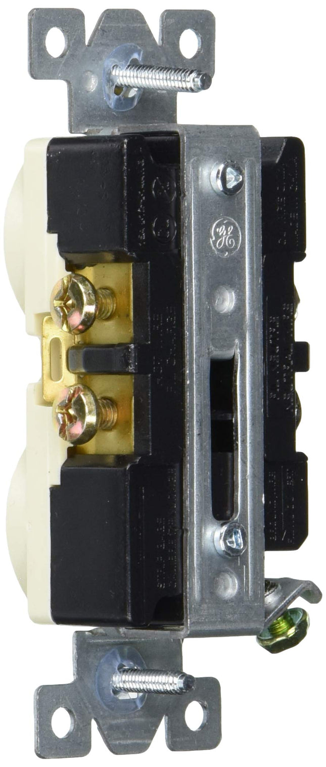 UltraPro GE Heavy Duty Duplex Receptacle, 2, Wall Outlet, Reinforced Yoke, Grounding Clip, 3-Prong, Supports 15A, UL Listed, Light Almond, 42478