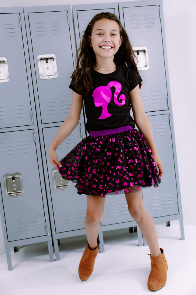 Barbie Girls Camiseta con estampado metálico y falda de malla de tul para niñas pequeñas a mayores, Negro/Película rosa, 6