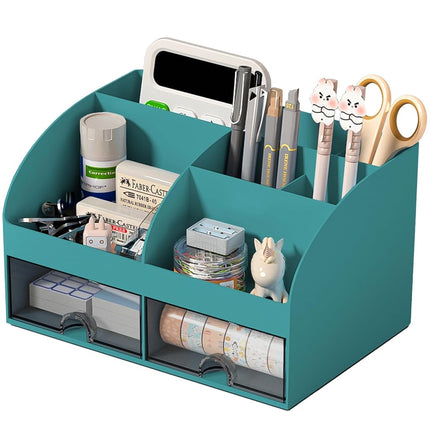 COMFYROOM Desk Organizer with 6 Compartments and 2 Drawers, Plastic Makeup Organizer, Pen Holder for Desktop Storage, Dark Green