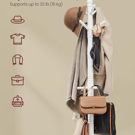 VASAGLE Solid Wood Coat Rack/Stand, Free Standing Hall Coat Tree with 10 Hooks for Hats, Bags, Purses, for Entryway, Hallway, Rubberwood, Cloud White URCR03WT