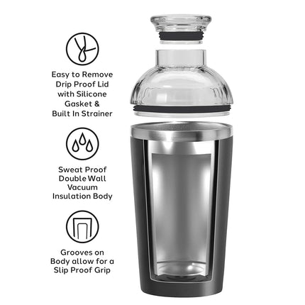 OGGI Groove Insulated Cocktail Shaker-17oz Double Wall Vacuum Insulated Stainless Steel Shaker, Tritan Lid has Built in Strainer, Ideal Cocktail Mixer, Martini Shaker, Margarita Shaker, Black
