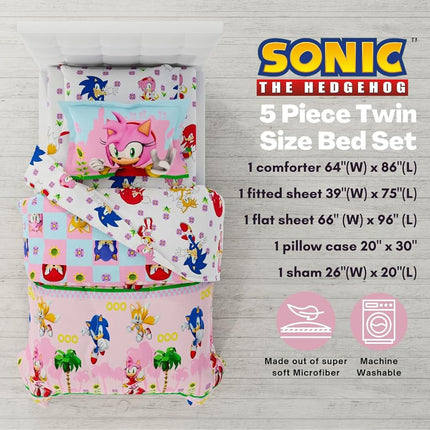 Franco Sonic The Hedgehog Girl Anime Kids Bedding Super Soft Comforter and Sheet Set with Sham, 5 Piece Twin Size, (Official Licensed Product)