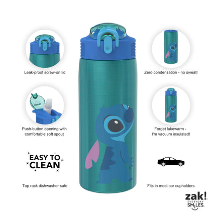 Botella de agua Zak Designs Disney Lilo y Stitch para viajes y el hogar, acero inoxidable con aislamiento al vacío de 19 oz con tapa de boquilla de cierre, asa de transporte incorporada, diseño a prueba de fugas (Stitch)