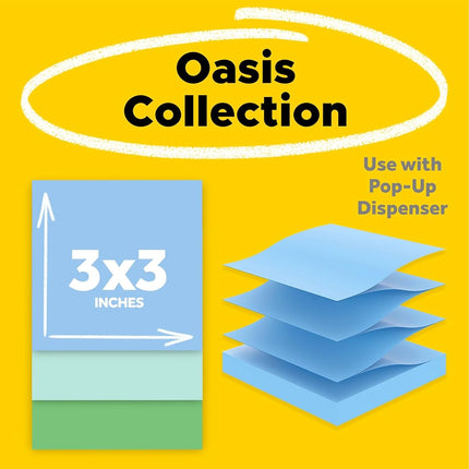 Post-it 100% Recycled Paper Super Sticky Pop-up Notes, 2X The Sticking Power, 3x3 in, 6 Pads, 70 Sheets/Pad, Oasis Collection (R330R-6SST)