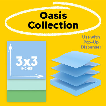 Post-it Super Sticky 100% Recycled Pop-up Notes, Oasis Collection, 3 in. x 3 in., 70 Sheets, 18 Pads, School Supplies and Office Products