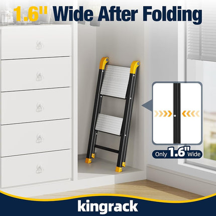 KINGRACK 2 Step Ladder, Wide Anti-Slip Aluminium Pedal, 330 lbs Load Black